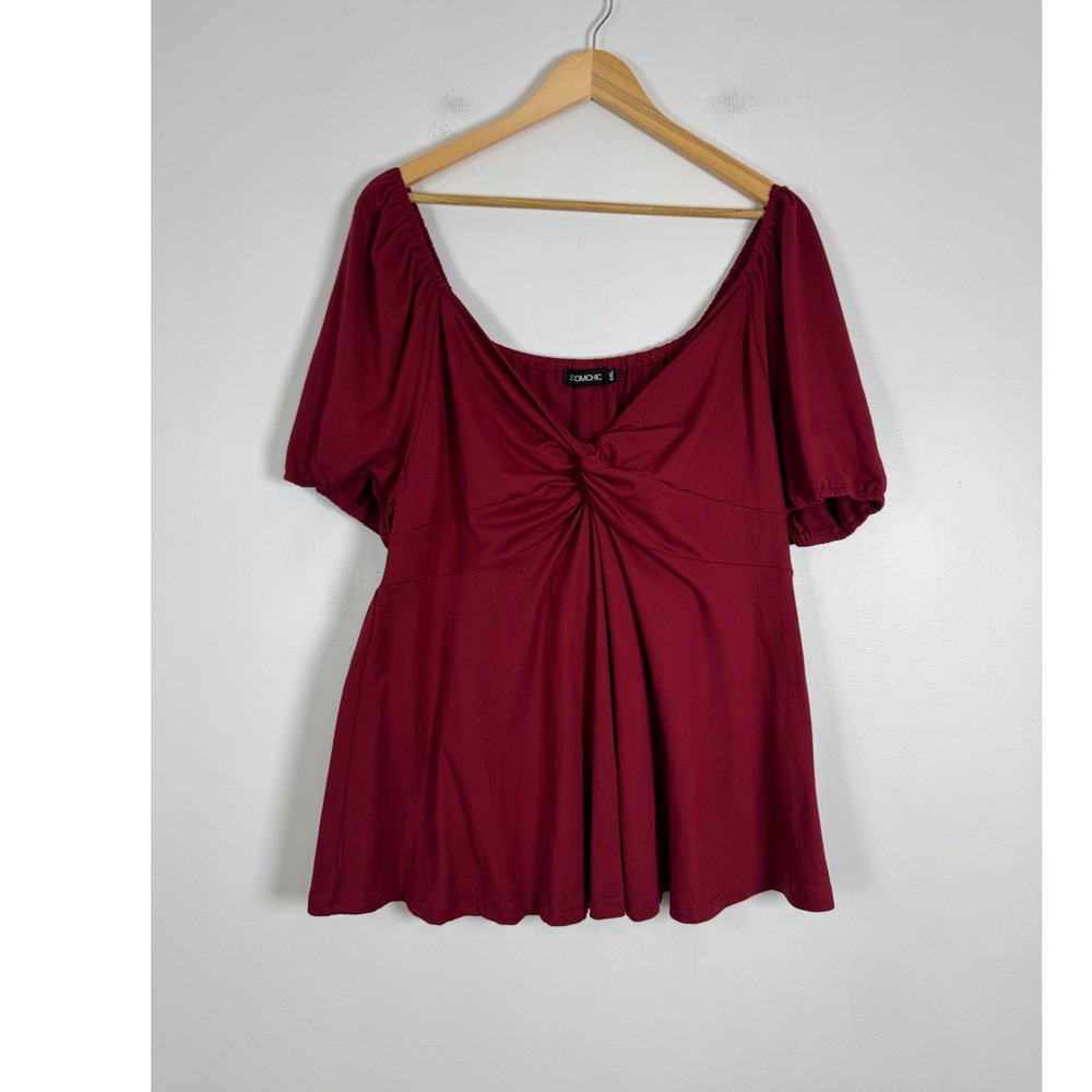 Romantic Scomchic Womens 4XL Blouse Burgundy Twist Front Puff Sleeve Peplum Top